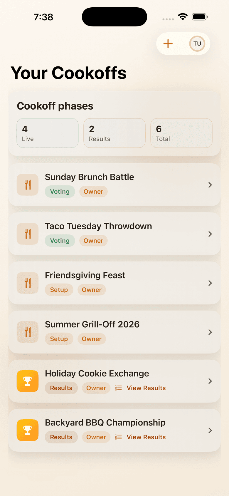 Cookoff app showing a list of cook-off events with live voting status and results