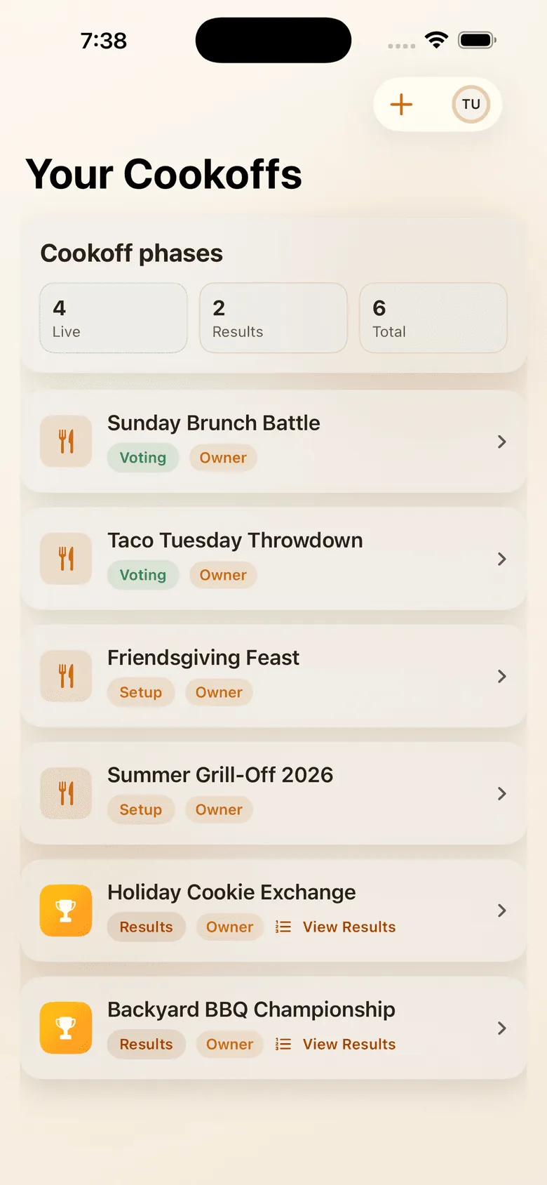 Cookoff app showing a list of cook-off events with live voting status and results