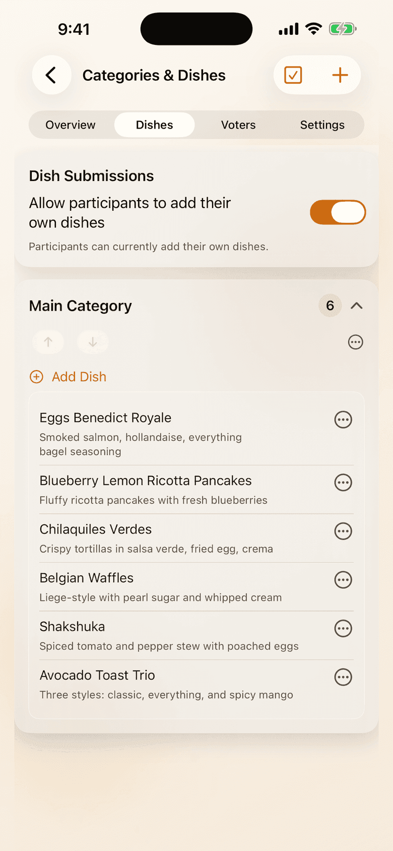 Cookoff app dish management screen showing entries and submission settings