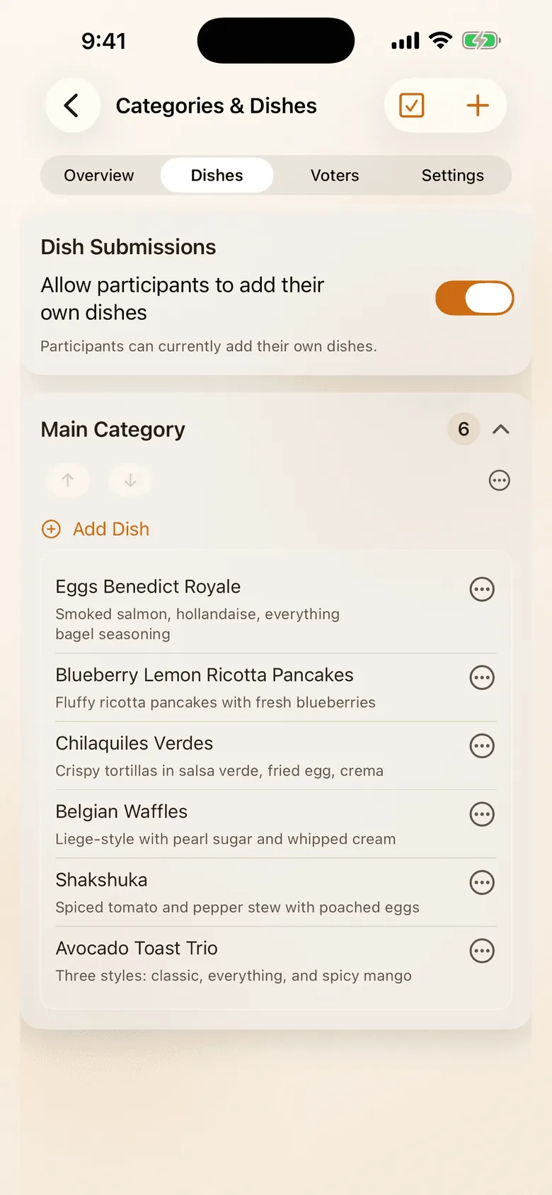 Cookoff app dish management screen showing entries and submission settings