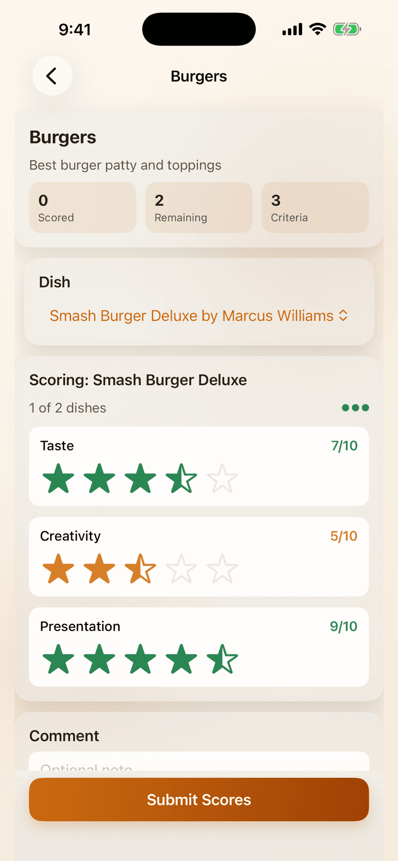 Cookoff app scoring screen with star ratings for taste, creativity, and presentation
