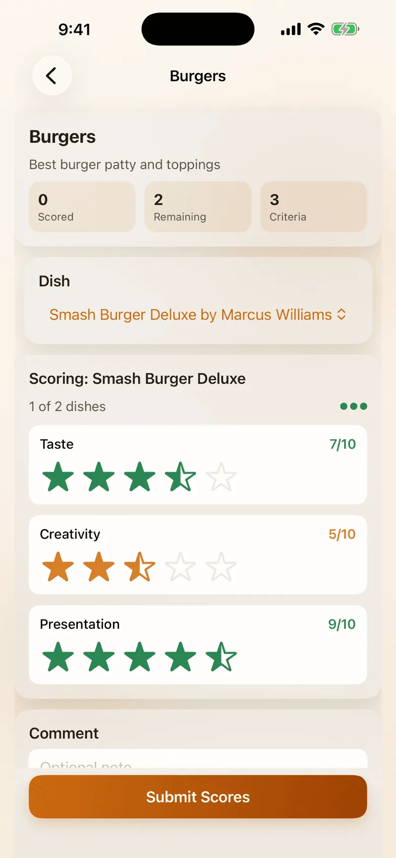 Cookoff app scoring screen with star ratings for taste, creativity, and presentation