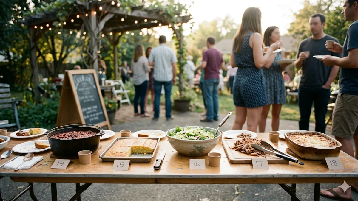 Backyard cook-off tasting table at golden hour with numbered entries - a chili pot, cornbread, salad, pulled pork, and a casserole - while guests mingle under a string-lit pergola in the background