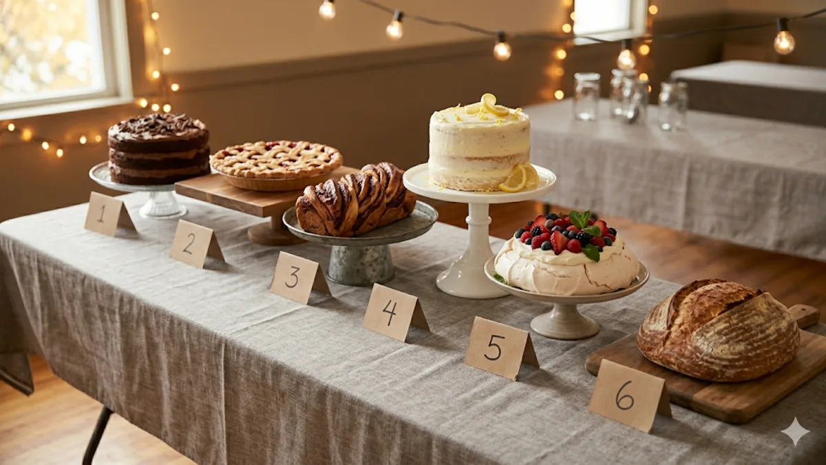 Bake-off display table with six entries on tiered cake stands - a chocolate layer cake, a lattice-top fruit pie, a cinnamon babka, a two-tier lemon cake, a berry-topped pavlova, and a scored sourdough loaf - each labeled with a numbered card in front