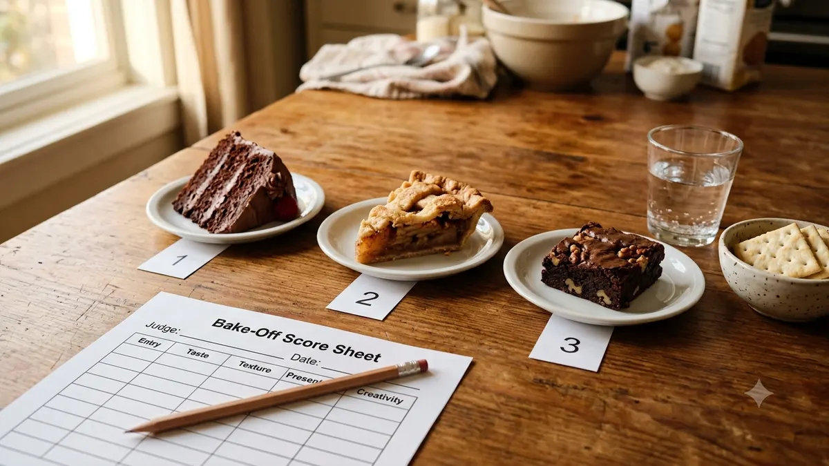 Bake-off judging station on a wooden table: three numbered dessert entries pre-sliced onto white plates - chocolate layer cake, apple pie, and a walnut brownie - beside a printed score sheet ruled into Entry, Taste, Texture, Presentation and Creativity columns with a pencil across it, and a glass of water and bowl of plain crackers set to one side as palate cleansers
