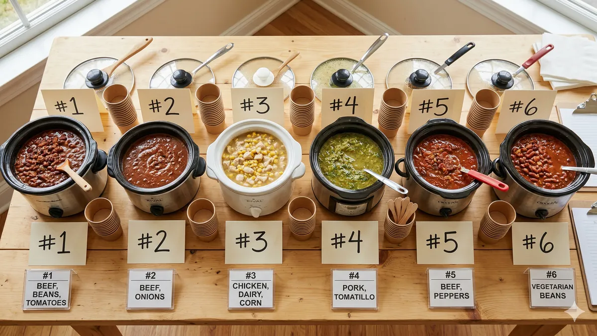 Numbered entry cards next to crock pots for blind chili tasting at an office cook-off