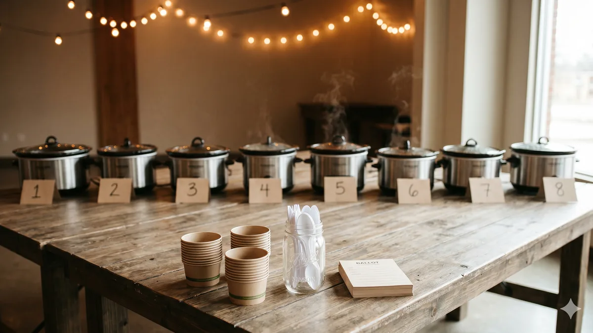 Eight numbered crock pots arranged in a row for a chili cook-off, with paper tasting cups and ballots laid out at the front of a wooden table under warm string lights