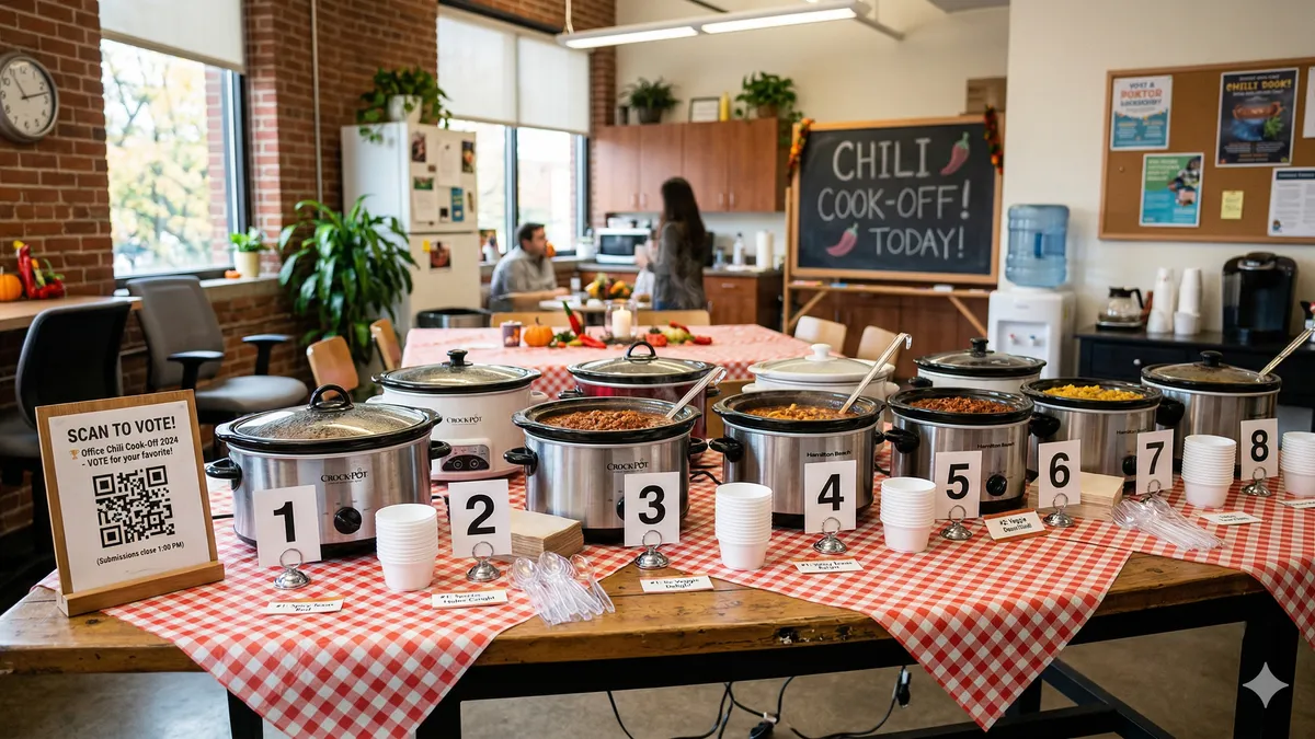 Office break room set up for a chili cook-off with numbered crock pots on a table, tasting cups, and a QR code voting sign