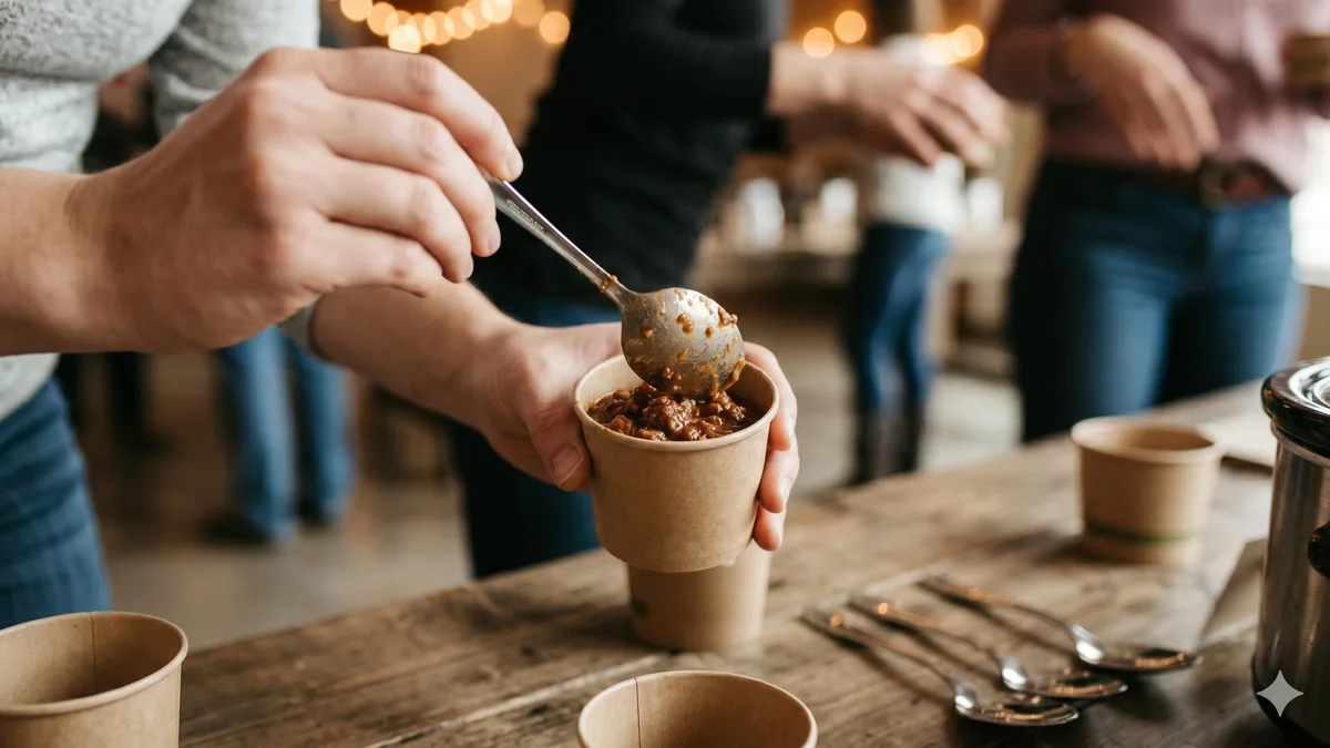 Hand ladling chili into a paper tasting cup at a chili cook-off, with guests in soft focus in the background and string lights overhead