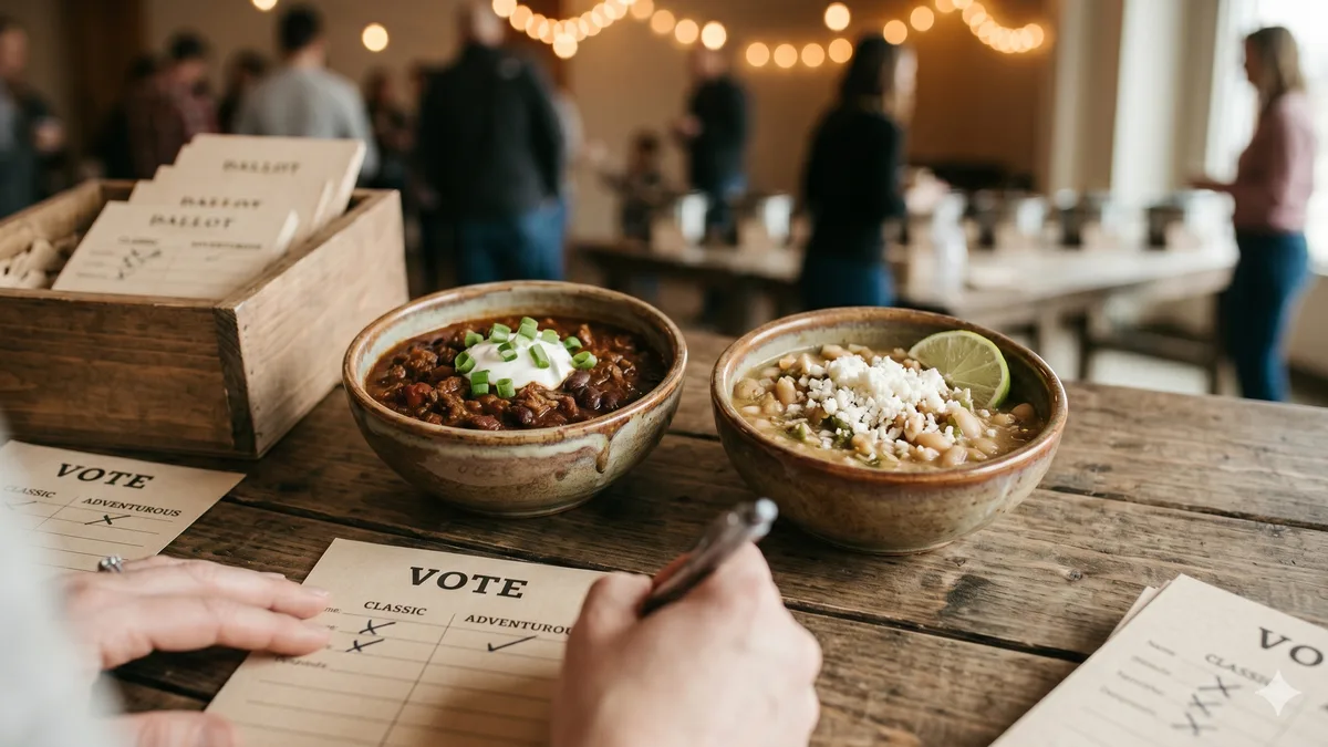 Two bowls of chili sit on a wooden table next to a stack of paper ballots labeled VOTE, while a hand marks one of the ballots with a pen