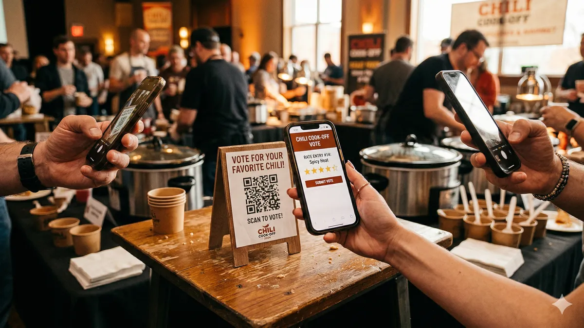 Coworkers scanning a QR code on their phones to vote in a chili cook-off