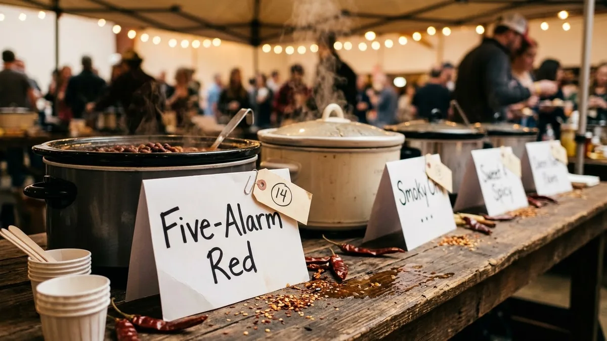 A row of slow cookers along a weathered wooden table at a chili cook-off, each with a folded paper tent card in front of it - the nearest reads "Five-Alarm Red" in black marker with a numbered entry tag clipped to its corner - with dried red chiles, stacked tasting cups, and a crowd under string lights out of focus behind
