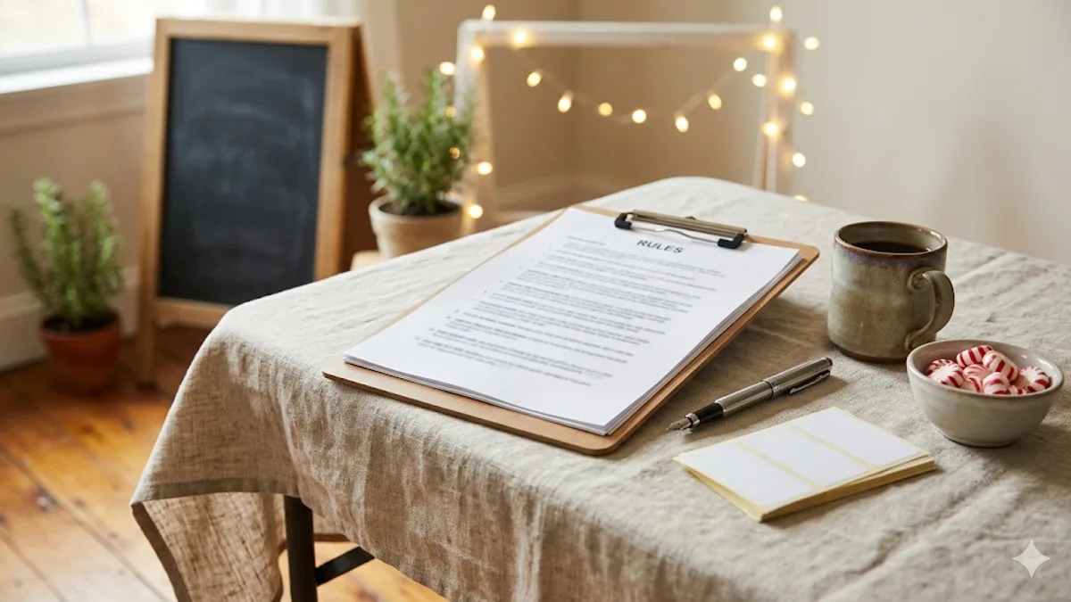 Printed cook-off rules document on a wooden clipboard resting on a linen-draped check-in table, with a stoneware coffee mug, a fountain pen, blank name-tag stickers, and a bowl of peppermints alongside, plus a chalkboard A-frame and fairy lights in the background