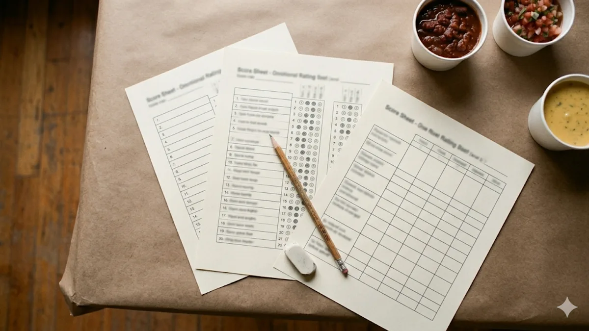 Three printed cook-off score sheet templates fanned diagonally on a butcher-paper-covered table - a numbered ranking sheet, a points sheet with filled bubbles, and a rubric grid - with a pencil, an eraser, and three small bowls of chili, salsa, and soup at the upper edge