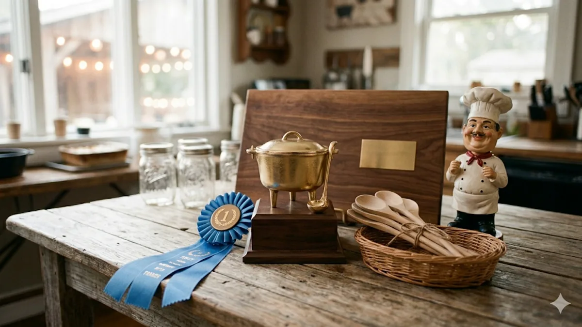 Cook-off trophy display on a rustic wooden table - a gold chili-pot statuette, a blue first-place ribbon, a walnut cutting-board plaque with a brass plate, a basket of wooden spoons, and a kitschy chef bobblehead, with a kitchen window and string lights bokeh in the background