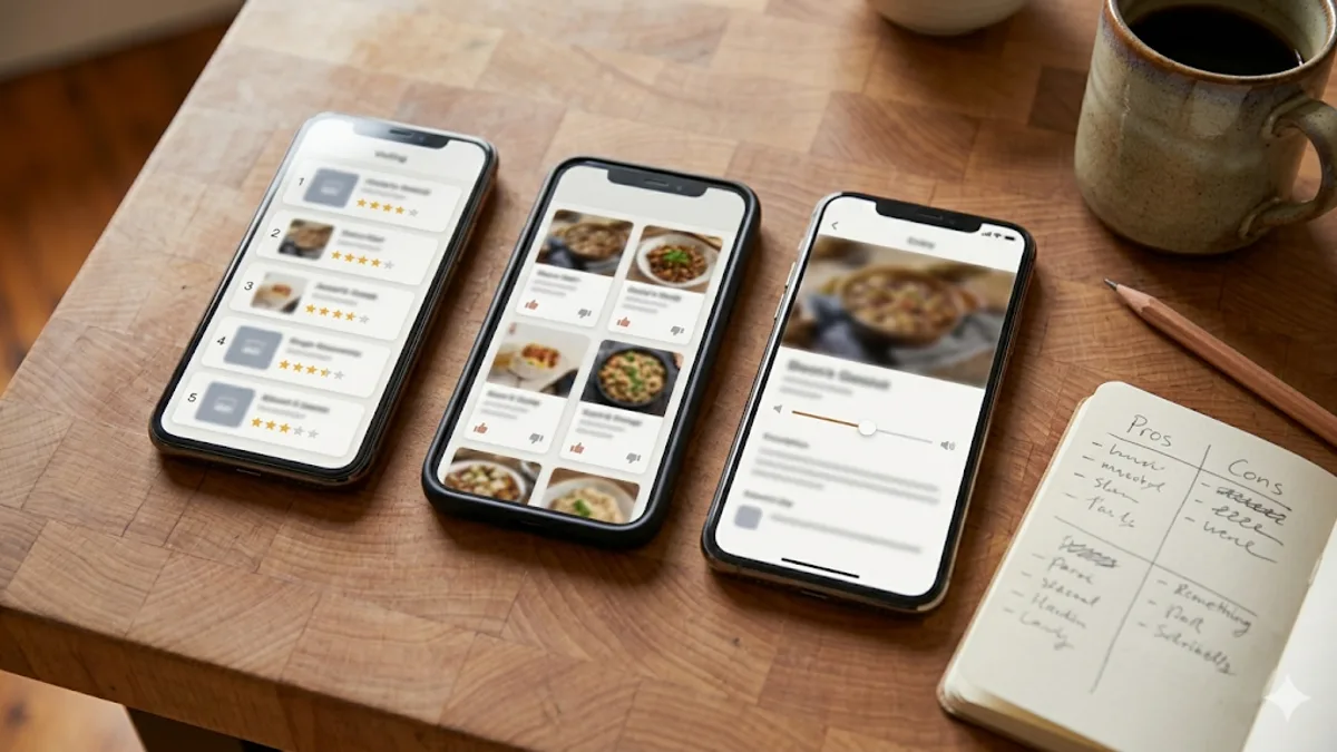 Three smartphones laid out on a butcher block surface showing different cook-off voting app interfaces - a star-rating list, a thumbnail grid with thumbs-up icons, and a detail view with a slider - alongside a handwritten pros and cons notebook, a coffee mug, and a pencil