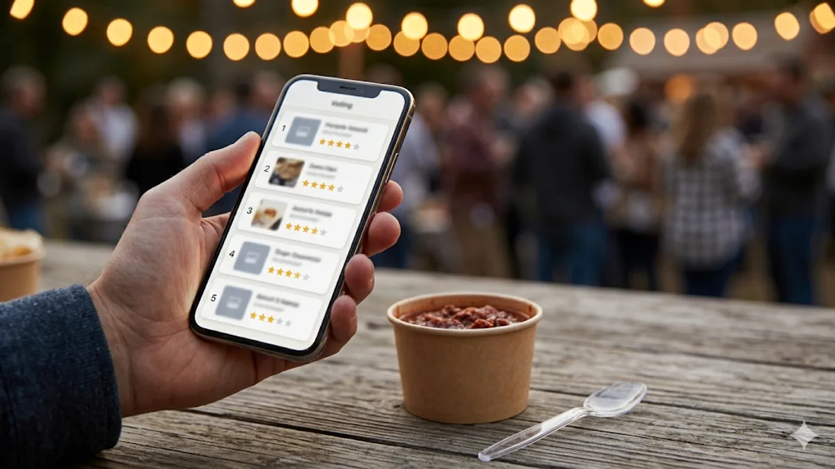 Hand holding a smartphone displaying a digital cook-off voting interface - five numbered entries with star ratings - over a wooden table with a paper cup of chili, plastic spoon, and an out-of-focus crowd under string lights in the background