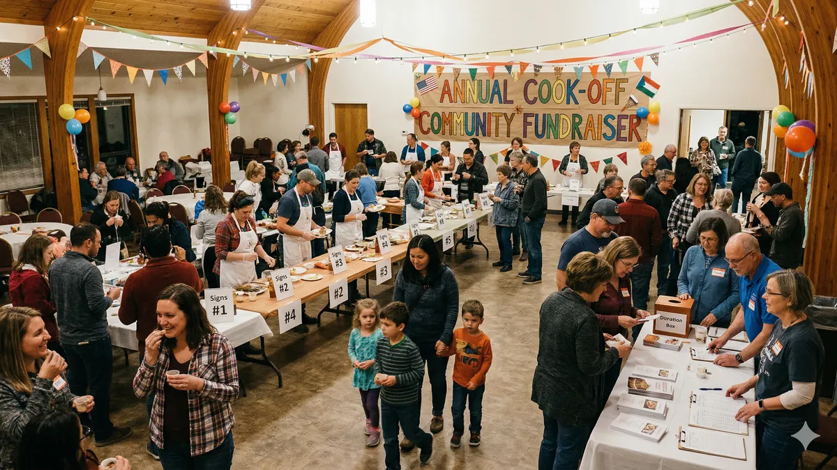 Community cook-off fundraiser with tasting stations, a banner, and people sampling food at a church or community center