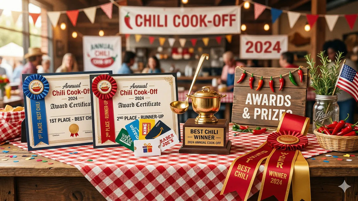 Cook-off trophies and prize ribbons displayed on a table at a fundraiser event