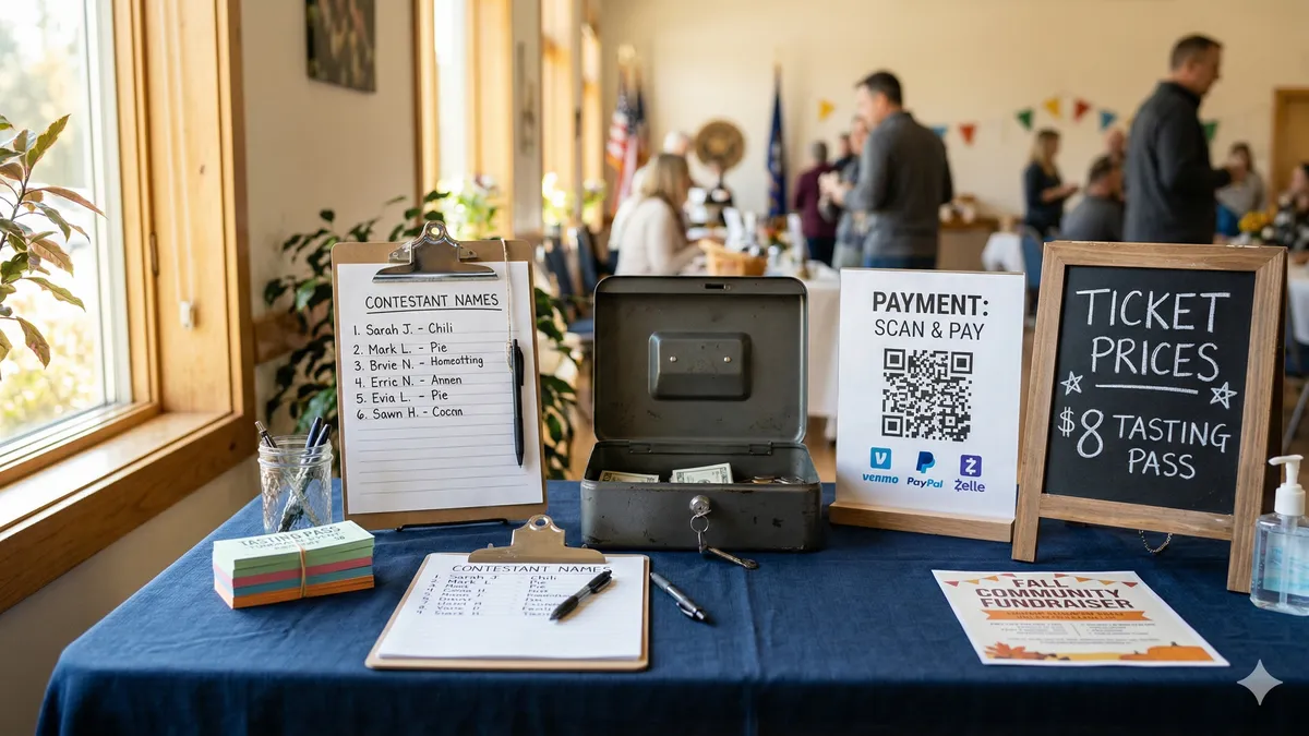 Fundraiser registration table with entry fee signage, Venmo QR code, and tasting tickets