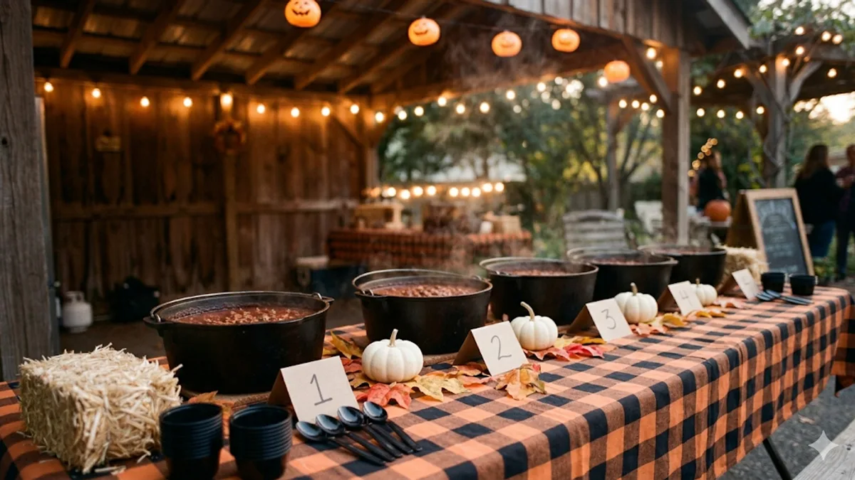 Halloween-themed chili cook-off table at dusk with five cast-iron pots numbered 1 through 5, white pumpkins as centerpieces on an orange-and-black checked tablecloth, hay bale and autumn leaves accents, and small jack-o-lanterns hanging overhead