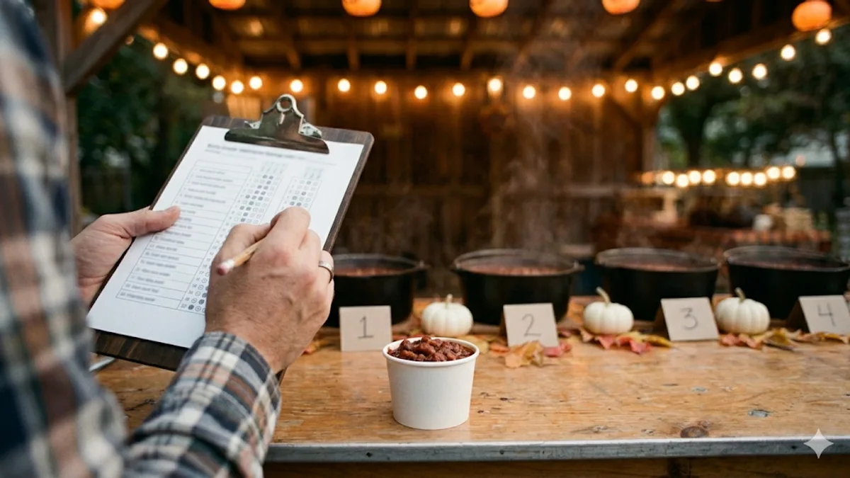Chili cook-off judge in a flannel shirt marking a clipboard score sheet with a pencil, a paper tasting cup of chili in the foreground, and four numbered cast-iron pots of chili lined up under string lights in the background