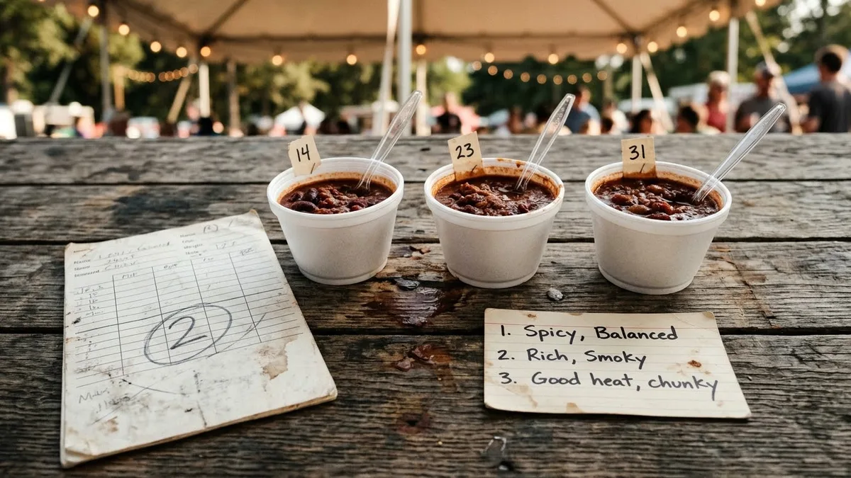 Three numbered styrofoam cups of chili on a weathered wooden picnic table, flanked by two different judging artifacts - on the left a worn, stained paper scorecard with a single score circled in pencil, and on the right a lined index card listing a handwritten ranked top three