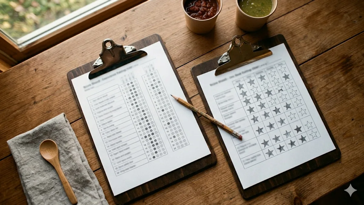 Two clipboards side by side on a wooden table - one holding a points-style ballot with columns of pencil-filled bubbles, the other a rubric grid of pencil-shaded star ratings - with a pencil resting between them and small tasting cups of chili and green soup in the upper corner