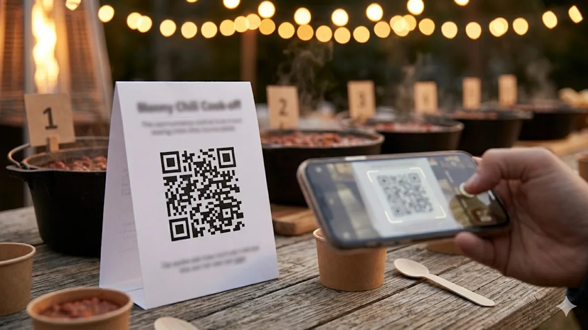 Tabletop QR code voting tent in front of numbered chili pots, with a voter scanning the code on their phone in the foreground and warm string lights overhead