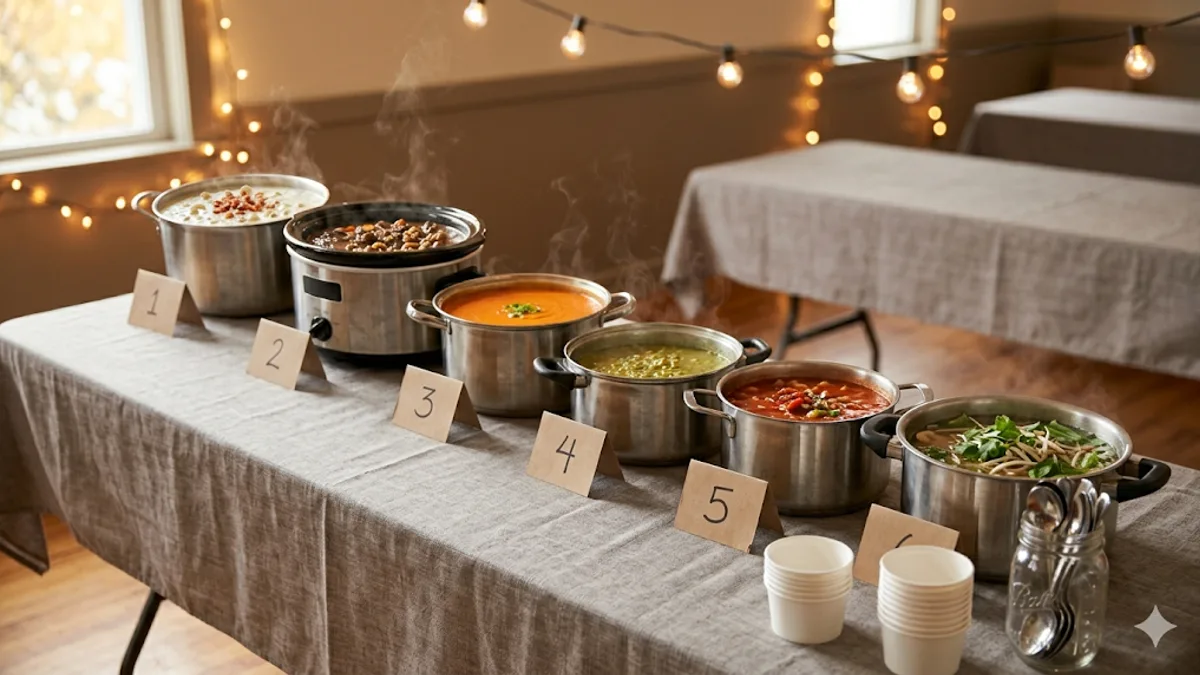 Soup cook-off tasting line with six steaming pots numbered 1 through 6 on a linen-draped table - clam chowder, beef and barley, tomato bisque, split pea, minestrone, and pho - with paper tasting cups and a mason jar of spoons at the front
