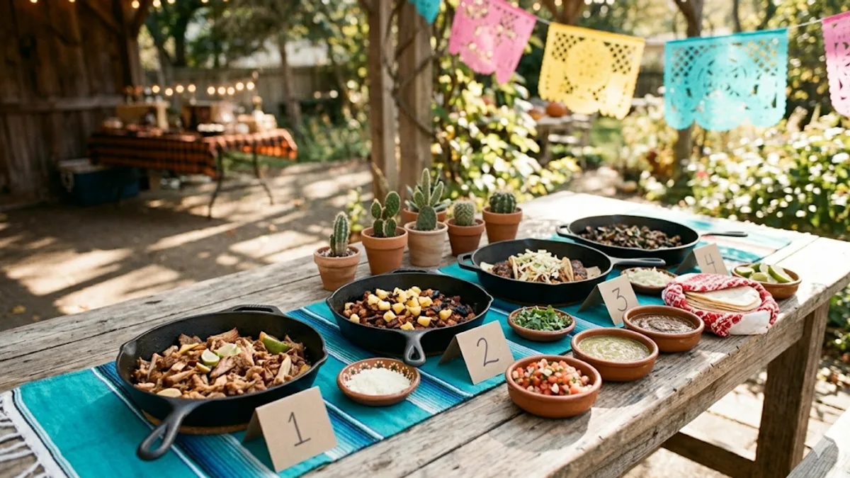 Tex-Mex taco cook-off table on a sunny outdoor patio with four cast-iron skillets of different taco fillings numbered 1 through 4, terracotta bowls of salsas, a basket of warm tortillas, mini potted cacti, and pink, yellow, and turquoise papel picado banners strung overhead
